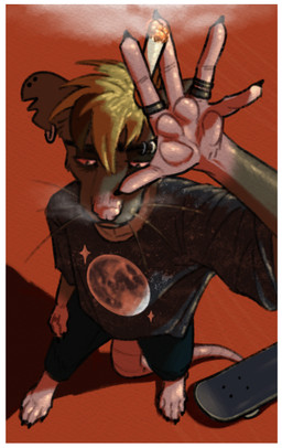 anthro border cigarette ear_piercing eyebrow_piercing facial_piercing feet male moon nails notched_ear pawpads paws piercing ring skate skateboard smoke smoke_from_nose solo tail toes vehicle white_border nicko_van_achthoven mammal murid murine rat rodent hi_res