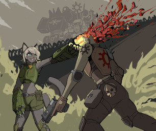 anthro anthro_dominating_human armor battle battlefield bell bell_collar blood blood_splatter bodily_fluids body_armor bone brain_damage chaos_cultist claws collar death duo dust eyeball female gore gun hair handgun head_explosion headless human_on_anthro imperial_guard inner_ear_fluff interspecies male male_death midriff muzzle_flash navel pistol pupils ranged_weapon sharp_teeth short_hair shot_in_head skull slit_pupils smile smoke splatter teeth tuft war warrior weapon black_kek warhammer_(franchise) warhammer_40000 chaos_titan_(warhammer_40000) felinid human mammal titan_(warhammer_40000) absurd_res hi_res