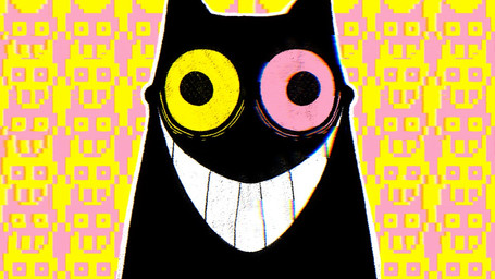 ambiguous_gender black_body creepy_face creepy_smile feral group heterochromia looking_at_viewer pattern_background pink_eyes simple_background smile solo teeth video_at_source yellow_eyes pastraspec deltarune undertale_(series) friend_(deltarune) felid feline mammal 16:9 widescreen