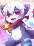 2023 3:4 accessory ambiguous_gender anthro belly black_nose blue_body blue_fur blush cute_fangs digital_media_(artwork) domestic_cat felid feline felis fur hair hair_accessory hi_res holding_object holding_plushie holding_teddy_bear ko-gami looking_at_viewer mammal mostly_nude navel open_mouth open_smile pawpads plushie scarf scarf_only smile smiling_at_viewer solo tail teddy_bear wavy_mouth white_belly white_body white_chest white_fur white_hair