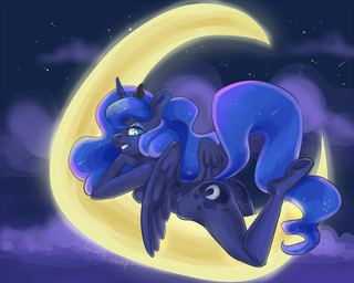 anthro anthrofied bedroom_eyes blue_body blue_feathers blue_hair breasts butt cloud crescent_moon crown cutie_mark detailed_background eyebrows eyelashes eyeshadow feathered_wings feathers female grin hair half-closed_eyes headgear holding_chin hooves horn long_hair looking_at_viewer lying makeup mascara moon narrowed_eyes night nude on_front outside pose royalty seductive side_boob sky smile solo star starry_sky teal_eyes teeth wings corelle-vairel friendship_is_magic hasbro my_little_pony mythology princess_luna_(mlp) equid equine mammal mythological_creature mythological_equine winged_unicorn 2015 5:4 portrait signature