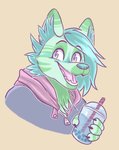 anthro beverage blue_hair bubble_tea clothed clothing excited female fluffy fur green_body green_fur green_hair hair happy jacket jumper markings purple_eyes shirt short_hair smile solo striped_body striped_fur striped_markings stripes tank_top topwear yellow_eyes princess_lemonchan canid canine canis felid hybrid mammal pantherine tiger wolf