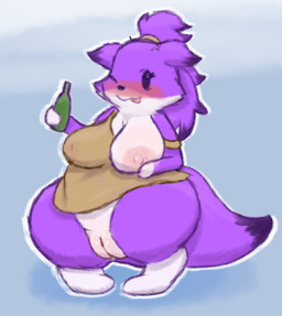 alcohol anthro areola beverage big_breasts blush bottle bottomless breasts clothed clothing container female fur genitals gradient_background hair holding_bottle holding_container holding_object looking_at_viewer mitten_hands nipple_slip nipples one_breast_out overweight overweight_anthro overweight_female plump_labia ponytail purple_body purple_fur simple_background solo standing thick_thighs vulva white_body white_fur wide_hips myrotiggy bomberman konami bottlooie fan_character louie_(bomberman)