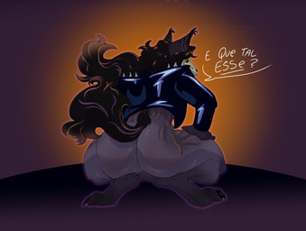 anthro backsack balls bone bottomless butt clothed clothing crouching genitals hair jacket jacket_only long_hair long_tail male presenting presenting_hindquarters skull skull_head solo tail topwear topwear_only nem0greed faux_krah skulldog_(species) hi_res
