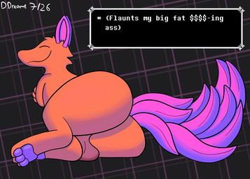 abstract_background backsack balls big_butt big_tail butt dialogue feral fur genitals looking_at_viewer male orange_body orange_fur pink_ears pink_tail presenting presenting_hindquarters quadruped smile solo tail december_dreams deltarune undertale_(series) canid canine darkner fox mammal netskie 2026 hi_res