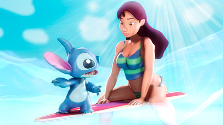 4_fingers anthro beach big_breasts blue_body blue_clothing blue_panties blue_shirt blue_sky blue_topwear blue_underwear breasts brown_hair cleavage clothed clothing day duo featureless_crotch female female_human fingers gesture glistening glistening_body glistening_skin hair hand_gesture kneeling larger_female larger_human light light_beam long_hair looking_at_another male male_anthro midriff navel panties partially_submerged pattern_clothing pattern_shirt pattern_topwear pointing sea sharp_teeth shirt size_difference sky smaller_anthro smaller_male standing striped_clothing striped_shirt striped_topwear stripes sunbeam sunlight surfboard surfer teeth topwear underwear water the-doomguysfm disney lilo_and_stitch nani_pelekai stitch_(lilo_and_stitch) alien experiment_(lilo_and_stitch) human mammal 16:9 2023 3d_(artwork) digital_media_(artwork) hi_res source_filmmaker_(artwork) widescreen