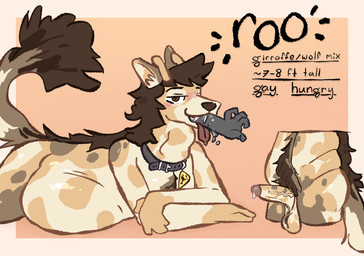 abdominal_bulge almost_fully_inside ambiguous_gender ambiguous_prey anthro balls brown_mane collar duo fur genitals lying male male/ambiguous mane markings on_front oral_vore penis pred_focus spots spotted_markings tail tan_body tan_fur vore mollietown roo_(mollietown) canid canine canis giraffe giraffid hybrid mammal wolf hi_res model_sheet