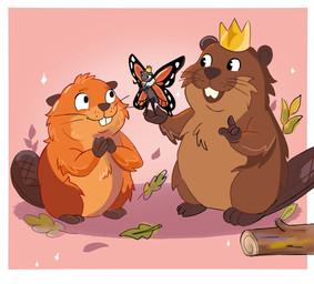 3_toes 4_fingers ambiguous_feral ambiguous_gender anthro biped black_bars black_body brown_body brown_countershading brown_fur brown_tail buckteeth countershading crown eyelashes feet female female_anthro feral fingers fur group hands_together headgear leaf looking_at_another monotone_body mouth_closed multicolored_wings nude open_mouth orange_body orange_fur orange_wings ruff size_difference smile spread_wings standing tail tan_body tan_countershading teeth toes trio whiskers wings fenghuangz disney hoppers_(disney) pixar fan_character king_george_(hoppers) mabel_tanaka mirabelle_(honeycombcrown) arthropod beaver butterfly insect lepidopteran mammal monarch_butterfly rodent 2026 digital_media_(artwork) letterbox