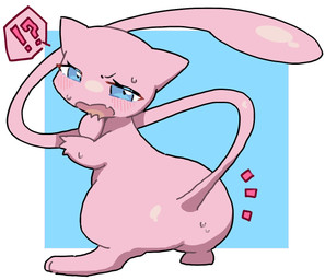 3_fingers ambiguous_background ambiguous_gender blue_background blue_eyes blush blush_lines bodily_fluids border butt featureless_crotch feet feral fingers long_tail looking_at_viewer open_mouth pink_body pink_hands pink_tail simple_background solo speech_bubble standing sweat sweatdrop tail thick_thighs wavy_mouth white_background white_border white_sclera yakiniku628 nintendo pokemon generation_1_pokemon legendary_pokemon mew_(pokemon) pokemon_(species) 2026 colored