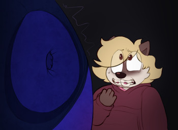 ambiguous_gender anthro blonde_hair blue_body blue_fur blueberry_inflation bodily_fluids body_inflation braces brown_body brown_fur buckteeth clothed clothing duo eye_through_hair fur hair hoodie inflation looking_up_at_another male nervous nervous_sweat overweight overweight_anthro overweight_male repoussoir size_difference sunken_limbs sweat sweatdrop teeth topwear translucent translucent_hair wide_eyed fundesian bary_(fundezian) olly_(fundezian) ambiguous_species eulipotyphlan hedgehog mammal