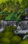 anthro blue_wizard_hat blue_wizard_robe duo forest forest_background green_body green_scales green_wings magic_user male moss nature nature_background partially_submerged plant scales sculpture sparkles statue tree waterfall wings pandottermon mythology dragon mammal mustelid mythological_creature mythological_scalie otter scalie hi_res