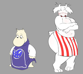alternate_costume apron apron_only barefoot blush breasts clothed clothing clothing_swap covering covering_breasts dress duo embarrassed fangs feet fur horn purple_clothing purple_dress red_stripes size_difference stripes teeth topless white_body white_fur enfoke the_moomins undertale_(series) moominmamma toriel boss_monster_(undertale) moomin