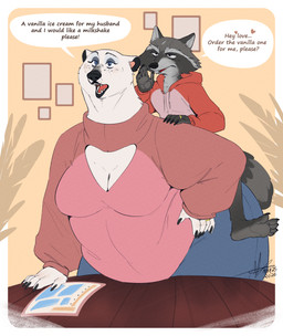 5_fingers anthro big_breasts black_nose breasts cleavage cleavage_cutout clothed clothing cutout dialogue duo feet female fingers freckled_face freckles fur grey_body grey_fur hindpaw humanoid_hands interspecies larger_female male male/female mature_female paws size_difference smaller_male smile speech_bubble sweater text topwear white_body white_fur nnightbear_b raccoon_(nnightbear_b) ursa_clara_(nnightbear_b) bear mammal polar_bear procyonid raccoon ursine 2026 english_text hi_res