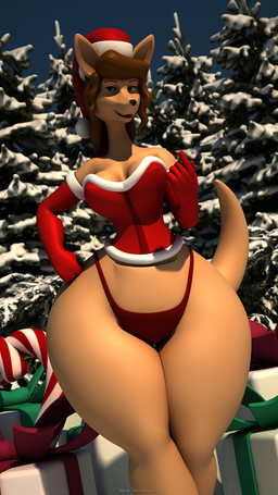 anthro big_butt biped breasts brown_hair butt christmas_clothing christmas_headwear clothed clothing detailed_background female forest gift hair hat headgear headwear holidays huge_butt huge_hips looking_at_viewer open_mouth outside plant pose santa_hat smile snow solo standing thick_thighs thong tree underwear wide_hips anthroanim christmas abigail_roo kangaroo macropod mammal marsupial 2015 3d_(artwork) 9:16 digital_media_(artwork) hi_res
