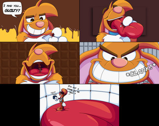 3_toes 4_fingers anthro big_feet big_grin big_tongue cartoon_gloves duo extreme_size_difference eyebrows eyewear feet fingers glasses inside_mouth long_tongue macro male male/male mawplay micro open_mouth paws red_tongue size_difference soft_vore text toes tongue tongue_out toony uvula vore wide_tongue doggydog doggydog_(character) roderick_(tamerkoh) toon_doggydog_(doggydog) canid canine canis domestic_dog lagomorph leporid mammal rabbit absurd_res comic english_text hi_res