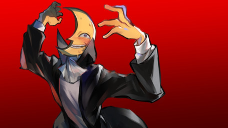 black_clothing black_suit blush bodily_fluids clothing crazy_eyes crescent_moon drooling for_a_head gradient_background grin insane long_sleeves male moon not_furry raised_arms red_background saliva shirt simple_background sleeves_past_wrists smile solo suit sweat sweaty_face topwear wide_smile ijust12kmsbro zelle_occult_adventure moon-faced_man humanoid living_moon object_head digital_drawing_(artwork) digital_media_(artwork)