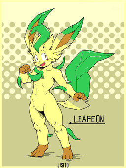 3_fingers 4_fingers anthro athletic blush blush_lines brown_body brown_eyes brown_fur brown_nose cheek_tuft chest_tuft facial_tuft fangs fingers fur green_background green_body green_fur happy head_tuft leaf long_ears long_tail looking_aside male muscular navel open_mouth plant pose simple_background slim solo standing tail teeth text tongue tuft yellow_body yellow_fur jisito nintendo pokemon eeveelution generation_4_pokemon leafeon pokemon_(species) 3:4 absurd_res artist_name colored hi_res shaded simple_shading