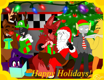 ?_face anthro bow_(feature) bow_tie eye_patch eyewear female group holidays hook machine male plant tree emmonsta christmas five_nights_at_freddy's scottgames anon bonnie_(fnaf) chica_(fnaf) fan_character foxy_(fnaf) freddy_(fnaf) mike_schmidt animatronic avian bear bird canid canine chicken fox galliform lagomorph leporid mammal phasianid rabbit robot 2014 absurd_res hi_res