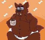 anthro beverage black_nose briefs brown_body brown_fur bulge clothed clothing coffee coffee_cup container cup detailed_background eyewear fur glasses hand_holding_object hand_on_side male navel orange_background overweight overweight_male simple_background smile solo teeth text tighty_whities topless underwear white_briefs white_clothing white_underwear yellow_sclera yellow_teeth justabeariguess mythology canid canine canis mammal mythological_canine mythological_creature werecanid werecanine werecreature werewolf wolf english_text