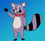 ambiguous_gender anthro big_tail black_body black_feet black_fur black_hands feet fingers fur kerchief multicolored_body neckerchief neckwear open_mouth purple_body purple_eyes purple_fur short_fingers simple_background smile solo standing tail tongue maxcatuwu indigo_park rambley_raccoon mammal procyonid raccoon digital_media_(artwork) hi_res