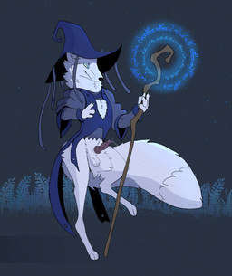 3_toes 4_fingers animal_genitalia animal_penis anthro black_nose bodily_fluids bottomless canine_genitalia canine_penis claws clothed clothing digitigrade erection feet fingers fluffy fluffy_tail fur genital_fluids genitals holding_object holding_staff magic magic_clothing magic_hat magic_user male penis precum solo staff tail toes white_body white_fur garbagegarage canid canine fox mammal hi_res