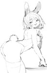 anthro backless_clothing backless_leotard breasts buckteeth butt clothing exposed_back female female_anthro hair kemono leaning leaning_forward legwear leotard looking_back open-back_leotard open_mouth simple_background smile solo stockings teeth white_background kemonoda_isuki lagomorph leporid mammal rabbit 2020 absurd_res hi_res monochrome