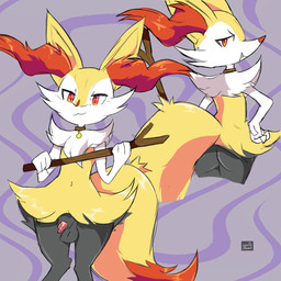 animal_genitalia animal_penis arm_tuft balls butt canine_genitalia canine_penis cheek_tuft collar dipstick_tail facial_tuft fangs flaccid fluffy fluffy_tail fur genitals hands_on_hips hands_on_own_hips hip_tuft holding_object holding_stick inner_ear_fluff looking_back male markings navel neckwear open_mouth penis quadruped red_eyes sheath shoulder_tuft smile solo stick tail tail_markings tail_tuft teeth tuft yellow_body yellow_fur spec_almond nintendo pokemon braixen generation_6_pokemon pokemon_(species) 1:1 hi_res
