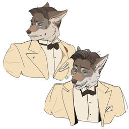 anthro black_tie_(suit) blue_eyes bodily_fluids bow_tie brown_hair clothing fur grey_body grey_fur hair looking_aside male markings mole_(marking) pointy_ears short_hair simple_background smile snout solo sparkles suit sweat sweatdrop white_body white_fur ddcrushh aldo_raine canid canine mammal 1:1 digital_drawing_(artwork) digital_media_(artwork) hi_res