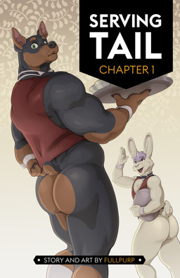 anthro bottomless bottomless_male butt claws clothed clothing cuffs_(clothing) duo looking_back male muscular muscular_male nub_tail serving_tray text topwear topwear_only vest vest_only thepurp blake_harper_(thepurp) finn_(thepurp) canid canine canis dobermann domestic_dog lagomorph leporid mammal pinscher rabbit absurd_res comic cover cover_art cover_page english_text hi_res