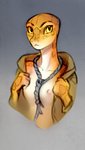 5_fingers anthro areola breasts clothed clothing female fingers grey_background jacket nipples non-mammal_breasts noose open_clothing open_jacket open_topwear simple_background small_breasts solo topwear yellow_sclera 2d10 reptile scalie snake 2020