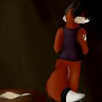 1:1 absurd_res anthro bottomless butt canid canine clothed clothing digital_media_(artwork) fox furniture half-closed_eyes hi_res huffles_the_fox_(artist) huffles_the_fox_(character) male mammal narrowed_eyes rear_view simple_background smile solo suggestive table