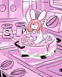 anthro clothing egg_timer female fire food hair in_food kitchen lingerie looking_at_viewer micro partially_submerged pepper_shaker red_hair salt_shaker solo soup spatula stovetop teddy_(clothing) tools sonnytherat lagomorph leporid mammal rabbit 4:5 hi_res restricted_palette