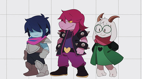 ambiguous_gender anthro armor blue_hair clothing eyewear female floppy_ears fur glasses group hair horn long_hair male pink_hair robe trio white_body white_fur 365mimimi deltarune undertale_(series) kris_dreemurr ralsei susie_(deltarune) bovid caprine goat human mammal scalie hi_res