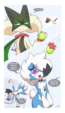 ambiguous_gender anthro blue_body blue_fur breasts brush chest_tuft choice_band claws collar dialogue eyelashes fangs featureless_crotch female flower_trick fur green_body green_fur green_hair hair holding_object looking_back multicolored_body one_eye_obstructed open_mouth paintbrush pawpads pink_eyes prank purple_eyes purple_sclera simple_background solo speech_bubble tail tail_motion tailwag teeth text tongue tuft two_tone_body white_body white_fur white_hair razgrizdl nintendo pokemon rose_(razgrizdl) canid canine felid feline generation_7_pokemon generation_9_pokemon lycanroc mammal meowscarada midnight_lycanroc pokemon_(species) shiny_pokemon 2026 comic english_text hi_res signature female_(lore)