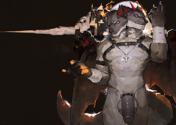 2_heads accessory anthro balls big_penis black_nose claws cock_ring cross finger_claws fluffy fluffy_tail fur genitals grey_body grey_fur harness horn humanoid_genitalia jewelry kemono looking_at_viewer male markings multi_head multicolored_body multicolored_fur necklace nipple_piercing nipples nude nude_anthro nude_male pawpads pecs penis penis_accessory penis_jewelry piercing red_markings solo tail two_tone_body two_tone_fur wings liuxns canid canine canis demon mammal wolf hi_res