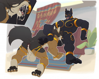 anklet anthro anus armlet backsack balls big_balls big_muscles big_pecs big_penis black_hair bodily_fluids brown_body brown_fur cum cum_in_ass cum_in_mouth cum_inside deep_throat duo ear_piercing ear_ring fangs fellatio fur genital_fluids genitals glans gold_(metal) gold_jewelry hair huge_penis humanoid_genitalia humanoid_penis jewelry leaking_cum male male/male male_penetrated male_penetrating male_penetrating_male muscular muscular_anthro muscular_male nipples oral oral_penetration pawpads pecs penetration penile penis piercing red_eyes ring_piercing sex sucking teeth thick_penis soradezwolfox aiden_(wolfdudeaiden) djoser_(psychoh13) anubian_jackal canid canine canis jackal mammal wolf hi_res