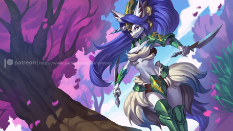 anthro armor big_ears blue_hair breasts curvy_figure dagger dual_wielding female hair holding_object holding_weapon horn long_hair looking_at_viewer melee_weapon patreon_logo plant solo text tree unconvincing_armor voluptuous weapon website_logo alanscampos legend_of_mana mana_(series) patreon square_enix sierra_(mana) canid canine canis mammal wolf 16:9 2020 digital_media_(artwork) hi_res url widescreen