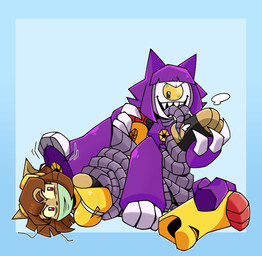1_eye 3_toes anthro anthro_on_robot arms_tied bdsm bodily_fluids bondage bound brown_hair duo feet female female/female foot_fetish foot_focus foot_lick gag hair legs_in_air legs_tied licking lying mask_gag motion_lines on_side pink_eyes purple_eyes purple_hair saliva saliva_on_tongue shoes_removed stirrup_legwear tan_body tied_mouth toes tongue whiskers white_body yellow_sclera freakwithatag gameoverse glitch_productions kit_bodega malice_(gameoverse) felid feline mammal robot_anthro hi_res