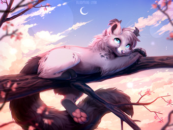 ambiguous_gender black_body black_fur blue_eyes blue_sky cheek_tuft cloud day detailed_background ear_tuft facial_tuft feral fur in_tree lying moon neck_tuft on_front outside pawpads plant red_pawpads side_view sky smile solo tail text toony tree tuft whiskers white_body white_fur bloominglynx mammal artist_name detailed hi_res