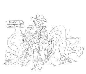 all_fours anthro bodily_fluids breasts cleavage clothed clothing cowboy_hat dialogue duo female hat headgear headwear horn male simple_background sweat text thick_thighs white_background mhdrawin friendship_is_magic hasbro my_little_pony mythology anon princess_celestia_(mlp) equid equine mammal mythological_creature mythological_equine unicorn english_text hi_res monochrome