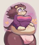 anthro big_breasts breasts bulge clothing gynomorph intersex overweight overweight_anthro overweight_gynomorph overweight_intersex panties pulling_shirt pulling_shirt_down simple_background slightly_chubby solo underwear lilbunpinky animal_crossing nintendo sable_able eulipotyphlan hedgehog mammal hi_res