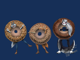 anthro bagel bagel_costume bread clothing costume eyebrow_piercing facial_piercing female food food_costume group piercing trio taka_studio dreamworks hellaverse helluva_boss illumination_entertainment mythology sing_(movie) the_bad_guys diane_foxington loona_(helluva_boss) porsha_crystal canid canid_demon canine canis demon fox hellhound mammal mythological_canine mythological_creature wolf 4:3 absurd_res alpha_channel hi_res