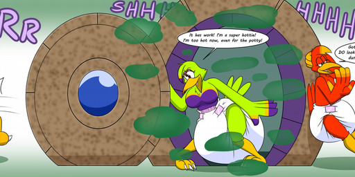 alternate_species anthro big_diaper breasts clothing diaper dress duo featureless_breasts female footwear furrification high_heels incontinence intelligence_loss sabotage shoes species_transformation speech_bubble text transformation liljdude banjo-kazooie rareware gruntilda_winkybunion kazooie avian bird breegull human mammal absurd_res english_text hi_res long_image wide_image