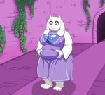 absurd_res anthro barefoot belly belly_grab big_belly big_breasts boss_monster_(undertale) bovid breasts caprine clothed clothing confusion digital_media_(artwork) feet female fur grandpaced hi_res horn long_ears mammal overweight overweight_anthro overweight_female plant red_eyes robe ruins sequence simple_background snout solo toriel undertale undertale_(series) vines weight_gain white_body white_fur wide_hips