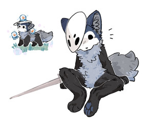 ambiguous_gender anthro biped black_eyes black_nose bodily_fluids brown_body brown_fur empty_eyes feral fluffy fluffy_tail fur grass inner_ear_fluff mask melee_weapon pawpads paws plant simple_background sitting solo standing sweat sweatdrop tail tuft weapon white_background aaasakawa hollow_knight_(franchise) team_cherry quirrel_(hollow_knight) aquatic canid canine cnidarian jellyfish mammal medusozoan 2026 male_(lore)