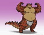 anthro biceps biped bulge claws clothed clothing front_view looking_at_viewer male musclegut muscular muscular_anthro muscular_male nipples simple_background smile solo standing teeth gillpanda dinosaur prehistoric_species reptile scalie 2016 digital_drawing_(artwork) digital_media_(artwork)