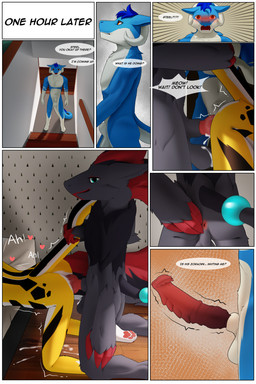 andromorph anthro anus balls bodily_fluids border butt cum cum_in_vagina cum_inside dialogue ejaculation erection genital_fluids genitals group intersex intersex/male male nude penis spread_anus spread_butt spreading tail text trio white_border steel_cat mythology nintendo pokemon steel_cat_(character) domestic_cat dragon felid feline felis generation_5_pokemon mammal mythological_creature mythological_scalie pokemon_(species) scalie zoroark 2:3 comic english_text hi_res