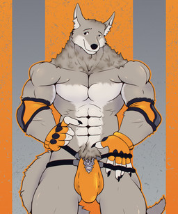 abs anthro box bulge clothed clothing container fighters fur hair jokstrap male muscular muscular_anthro muscular_male pecs simple_background smile smiley_face solo tail crazmax canid canine canis mammal wolf digital_media_(artwork) hi_res