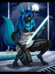 anthro armor biped black_bars black_body black_skin blue_body blue_eyes blue_fur blue_hair blue_lightsaber blue_skin bottomwear breasts claws cleavage clothed clothing female fur hair horn kneeling lightsaber long_hair looking_at_viewer melee_weapon moon night non-mammal_breasts skirt sky solo suit swimming_pool sword tail toe_claws weapon wet white_bottomwear white_clothing skykain mythology star_wars kitara_cydonis dragon furred_dragon furred_scalie mythological_creature mythological_scalie scalie 2013 hi_res letterbox