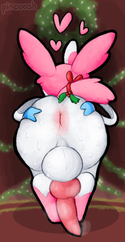 animal_genitalia animal_penis anus balls big_balls big_penis bodily_fluids butt butt_focus canine_genitalia canine_penis erection feral genitals heart_symbol holidays knot knotted_penis male mistletoe mistletoe_on_tail musky_butt musky_penis penis plant presenting presenting_anus rear_view ribbons_(anatomy) solo spread_anus spread_butt spreading sweat sweaty_balls sweaty_butt sweaty_genitalia tail text pincoosh christmas nintendo pokemon eeveelution generation_6_pokemon pokemon_(species) sylveon artist_name digital_media_(artwork) hi_res